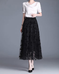 ÉNORA – Jupe Longue Tulle Brodé Taille Empire