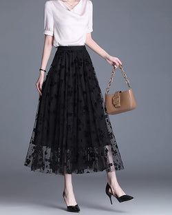 ÉNORA – Jupe Longue Tulle Brodé Taille Empire