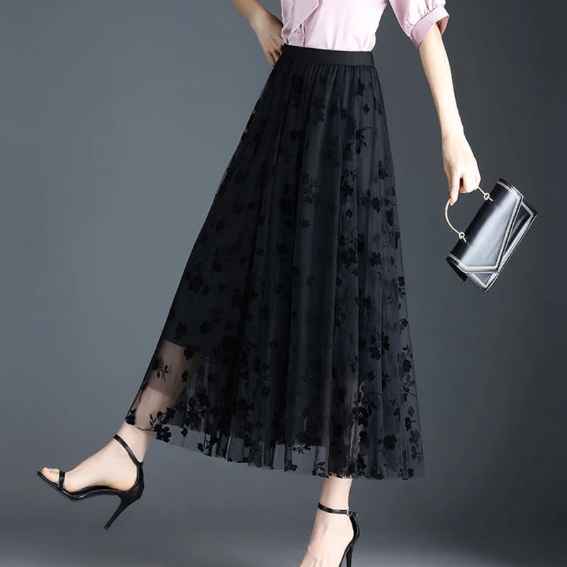 ÉNORA – Jupe Longue Tulle Brodé Taille Empire